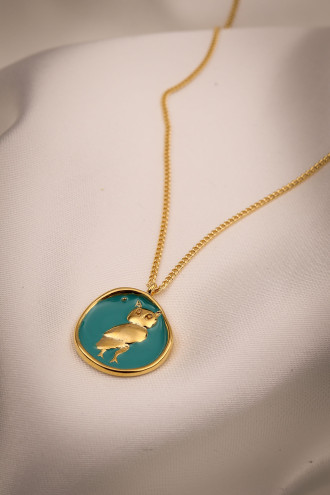 Mavi Mineli Baykuş Figürlü Gold Renk Kolye