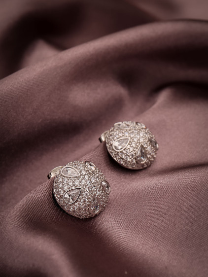 Yuvarlak Zircon Taşlı Gümüş Renk Abiye Küpe