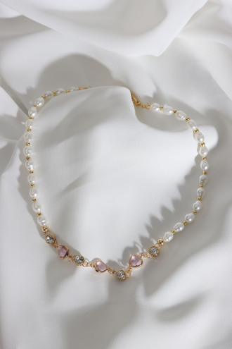 Pembe Üçgen Taşlı Inci Kolye