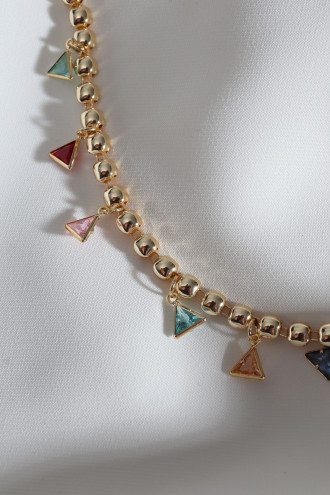 Renkli Üçgen Taş Sallantılı Gold Renk Kolye