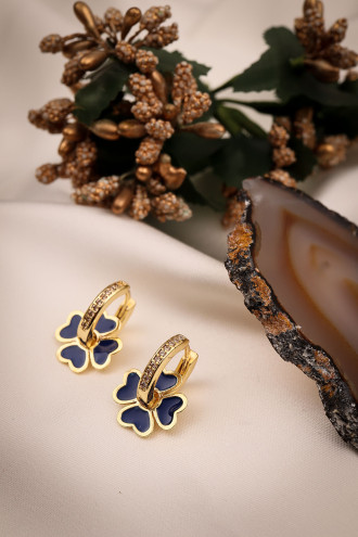 Lacivert Mineli Çiçek Charmlı Gold Renk Halka Küpe