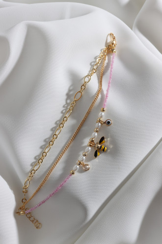 3'Lü Pembe Boncuklu Arı Figür Gold Renk Zincir Bileklik