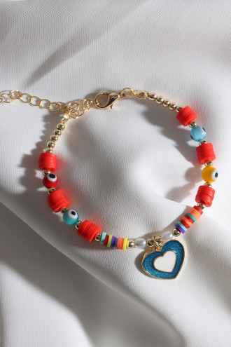 Kırmızı Fimo Boncuklu Lacivert Mineli Kalp Bileklik