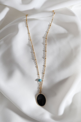 Siyah Mineli Kapaklı Çift Taraflı Kullanıma Uygun Oval Gold Renk Kolye