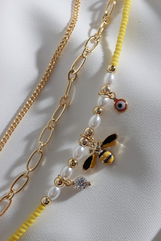 3'Lü Sarı Boncuklu Arı Figür Gold Renk Zincir Bileklik