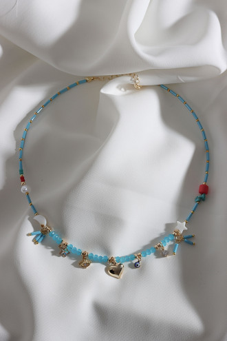 Mavi Renk Charmlı Boncuk Kolye