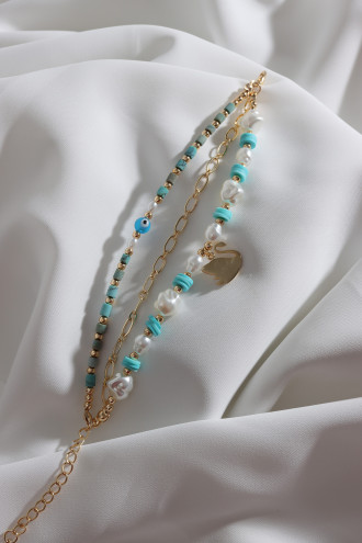 3'Lü Gold Renk Yeşil Boncuklu Inci Detay Kuğu Bileklik