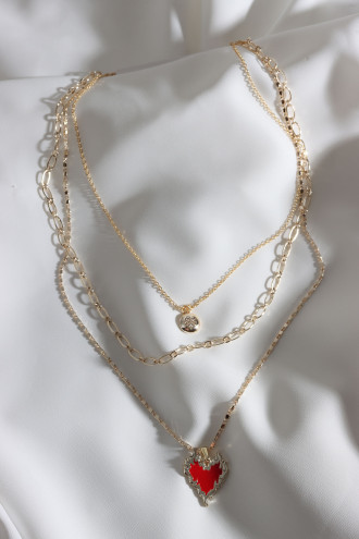 Mavi Mineli 3'Lü Gold Renk Alevli Kalp Zincir Kolye