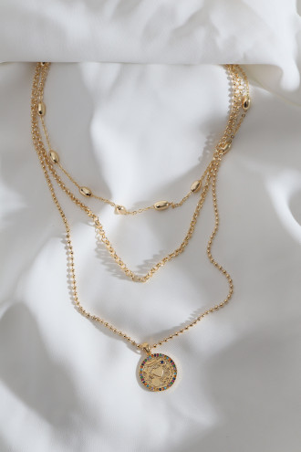 3'Lü Renkli Taşlı Şans Figür Gold Renk Zincir Kolye