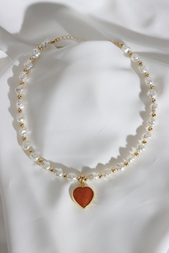 Turuncu Renk Kalp Taşlı İnci Kolye