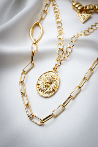 3'Lü Aslan Figürlü Gold Renk Kolye