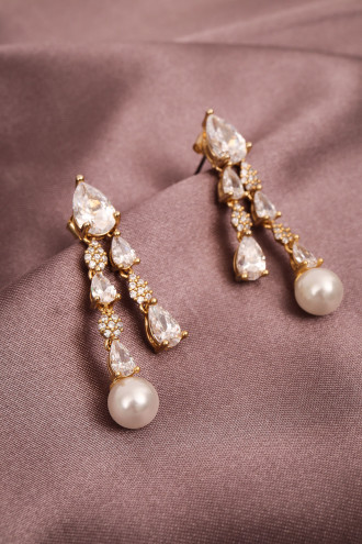 Inci Uçlu Zircon Taşlı Gold Renk Çift Süzmeli Abiye Küpe