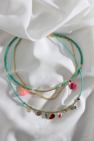 3'Lü Gold Renk Zincir Detaylı Yeşil Boncuk Charm Kolye