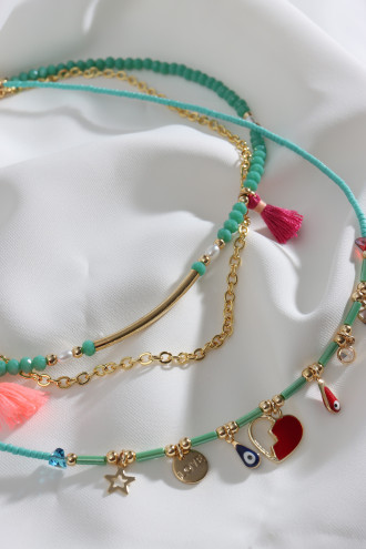 3'Lü Gold Renk Zincir Detaylı Yeşil Boncuk Charm Kolye