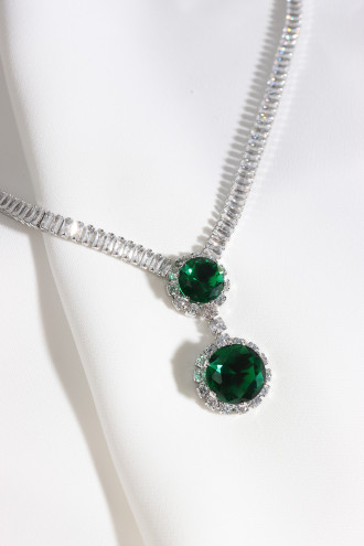 Yeşil Zircon Taşlı Abiye Vip Su Yolu Gümüş Renk Kolye