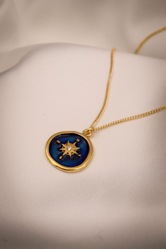 Lacivert Mineli Kutup Yıldızı Figürlü Gold Renk Kolye