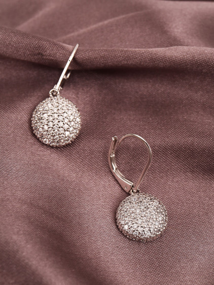 Yuvarlak Zircon Taşlı Sallantılı Gümüş Renk Abiye Küpe