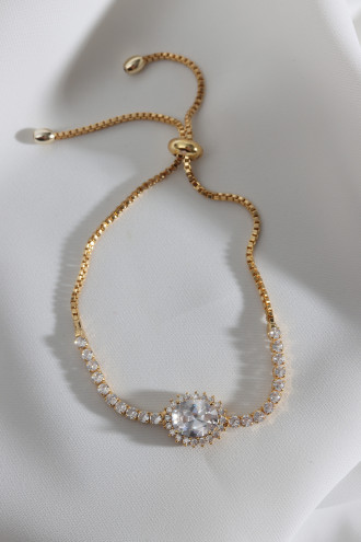 Oval Beyaz Zircon Taşlı Gold Renk Anturaj Su Yolu Asansörlü Bileklik