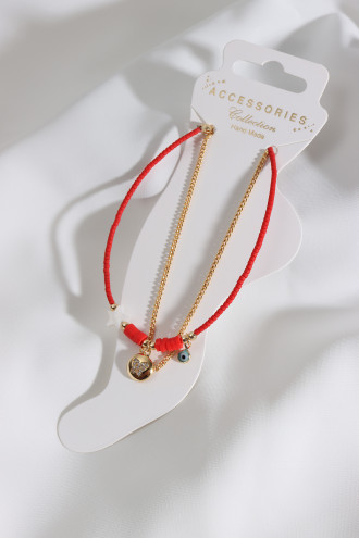 2'Li Gold Renk Kelebek Uçlu Kırmızı Boncuklu Halhal