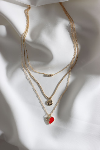 3'Lü Kırmızı Mineli Kalp Kolye