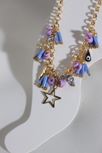 Lila Boncuk Sallantılı Gold Renk Halhal