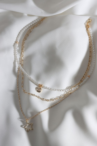 Küçük Boy İncili 2'Li Gold Renk Yıldız Uçlu  Kolye