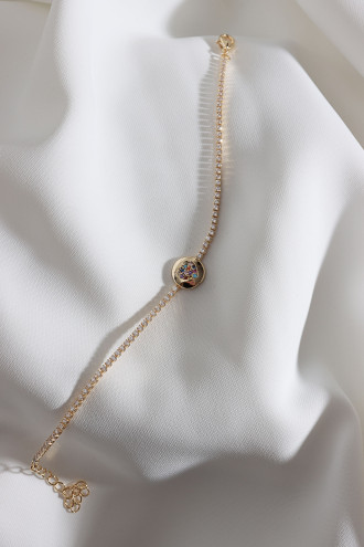 Renkli Taşlı Kalp Figürlü Zircon Taşlı Gold Renk Suyolu Bileklik