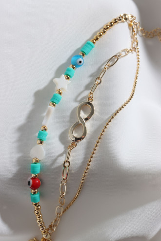 3'Lü Yeşil Fimo Boncuklu Sonsuzluk Aparatlı Gold Renk Bileklik