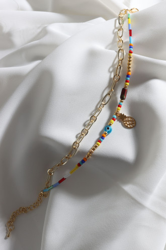 Çift Sıralı Gold Renk Zincirli Boncuk Halhal