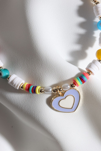 Beyaz Fimo Boncuklu Lila Mineli Kalp Bileklik