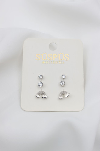 6'Lı Tek Taşlı Bulut Gümüş Renk Küpe