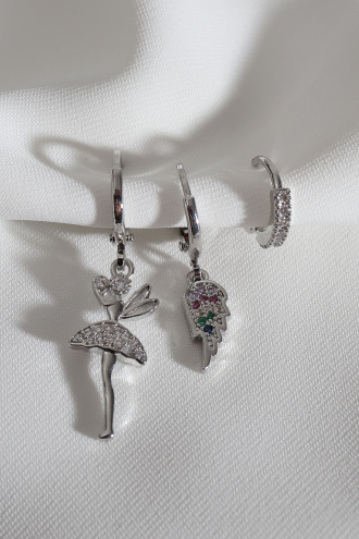 Vip Collectıon 3'Lü Melek Figür Gümüş Renk Halka Küpe