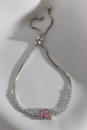 Pembe Baget Taşlı Gümüş Renk Asansörlü Zircon Su Yolu Bileklik