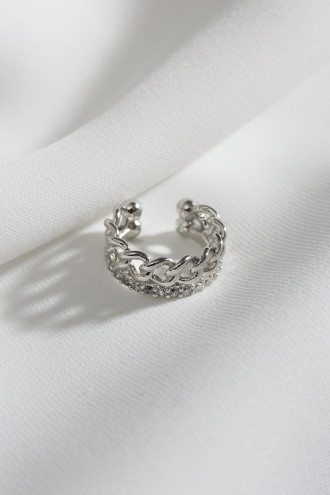 Iki Sıralı Taşlı Tek Sıkıştırmalı Gümüş Renk Kıkırdak Küpe