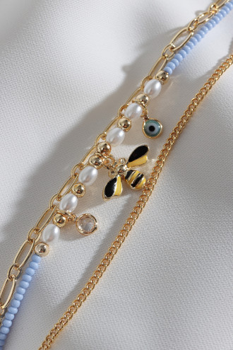 3'Lü Lila Boncuklu Arı Figür Gold Renk Zincir Bileklik