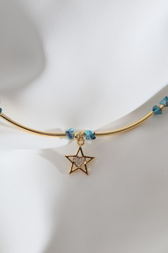 Yıldız Uçlu Lacivert Boncuk Boru Detay Gold Renk Kolye