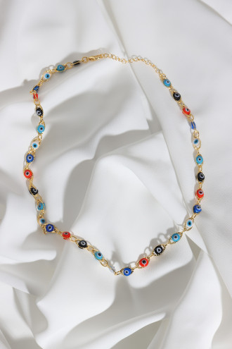 Renkli Damla Gözlü Gold Renk Kolye