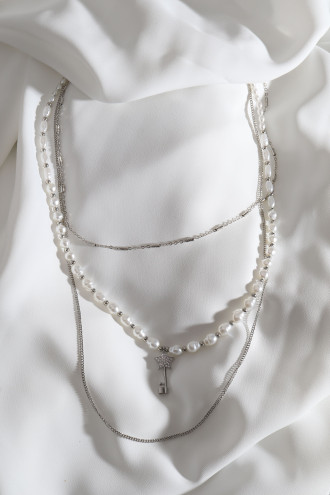 3'Lü Inci Detay Yıldız Uçlu Gümüş Renk Zincir Kolye