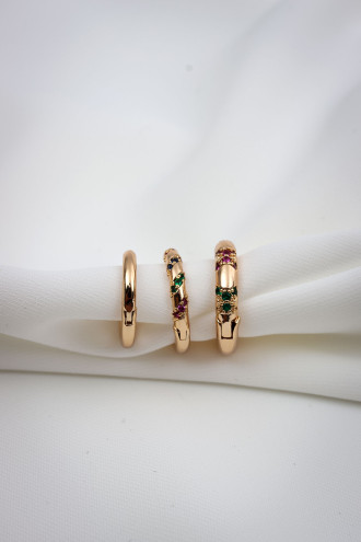 3'Lü Renkli Taşlı Gold Renk Halka Küpe