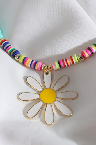 Yeşil Fimo Boncuklu Beyaz Mineli Papatya Kolye