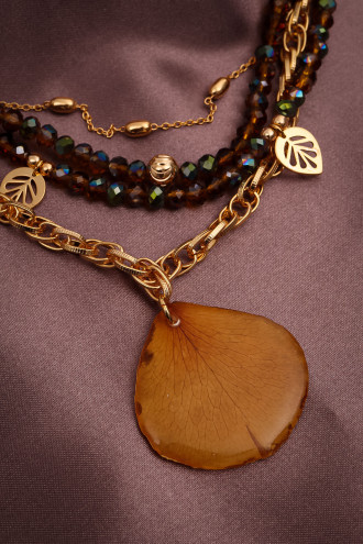 Çoklu Zincirli Gerçek Gelincik Yapraklı Gold Renk Kolye