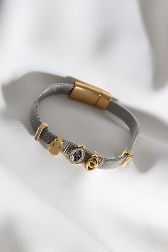 Çelik Hasır Kordonlu Gold Renk Charm Vip Bileklik Çelik Hasır Kordonlu Gold Renk Charm Vip Bileklik