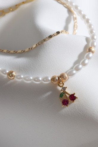 2'Li İnci Ve Gold Renk Zincirli Kırmızı Taşlı Kiraz Bileklik