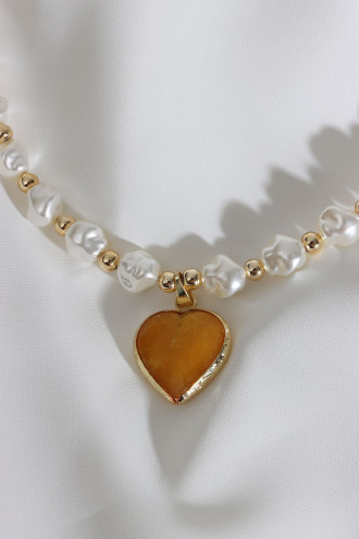 Sarı Renk Kalp Taşlı İnci Kolye