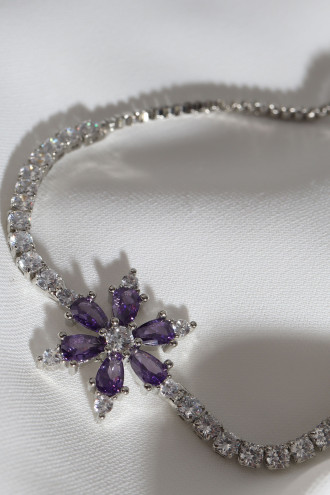 Mor Zircon Taşlı Çiçek Gümüş Renk Bileklik