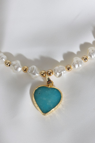 Mavi Renk Kalp Taşlı İnci Kolye