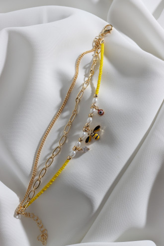 3'Lü Sarı Boncuklu Arı Figür Gold Renk Zincir Bileklik