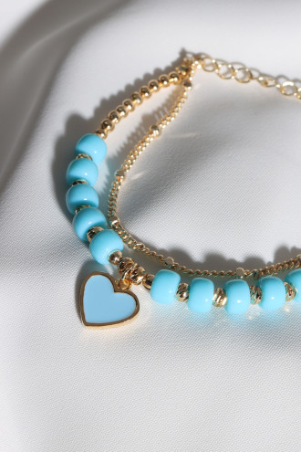 Mavi Boncuklu Mavi Mineli Kalp Uçlu Bileklik