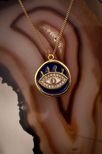 Lacivert Mineli Göz Plaka Kolye