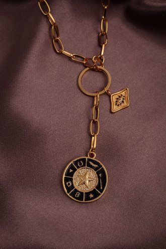 Siyah Mineli Uzun Gold Renk Plaka Kolye